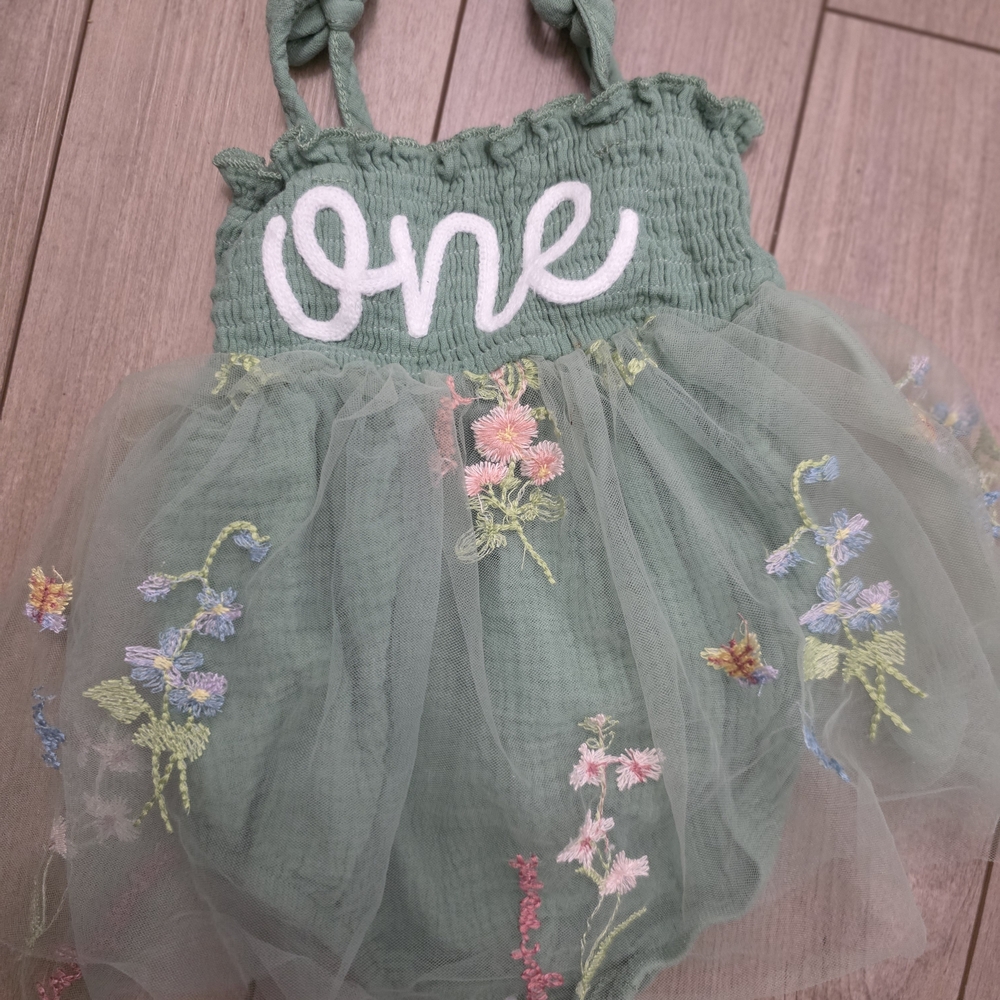 Green Embroidered Tulle First Birthday Dress with Crown - Picture 3 of 3